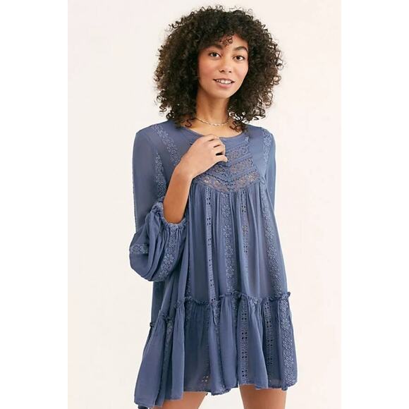 Free People Tops - Free People Kiss Kiss Embroidered Lace Tunic Dress Blue Boho Style Size XS